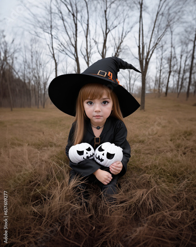 Halloween little witch wearing fashionable black sorcerer dress and hat, holding white pumpkins in the middle of a forest. Baby girl having fun at trick or treat tradition celebration. Small sorceress