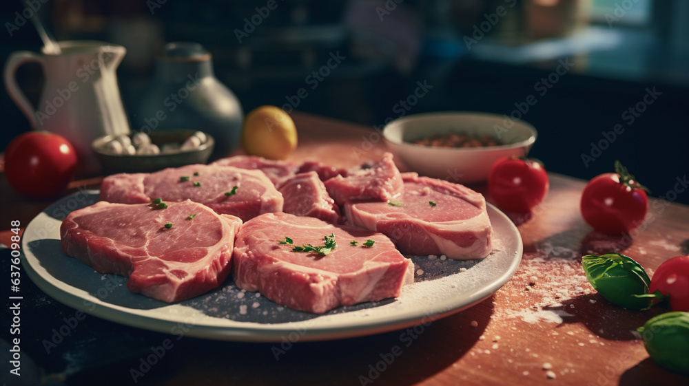 A plate of raw pork chops prepped for cooking on the grill or on the stove. A plate of raw pork chops prepped for cooking on the grill or on the stove.
