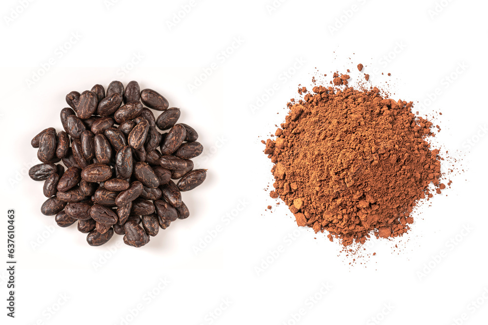 Top view of Cocoa beans with cocoa powder isolated on white background. Top view of Cocoa beans with cocoa powder isolated on white background.