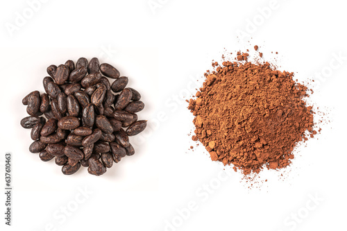  Top view of Cocoa beans with cocoa powder isolated on white background.