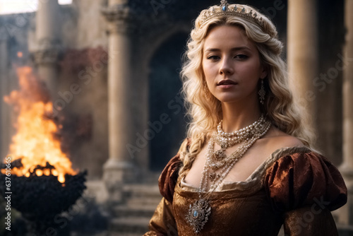 Blond medieval queen with big crown, a destroyed castle in fire in the background