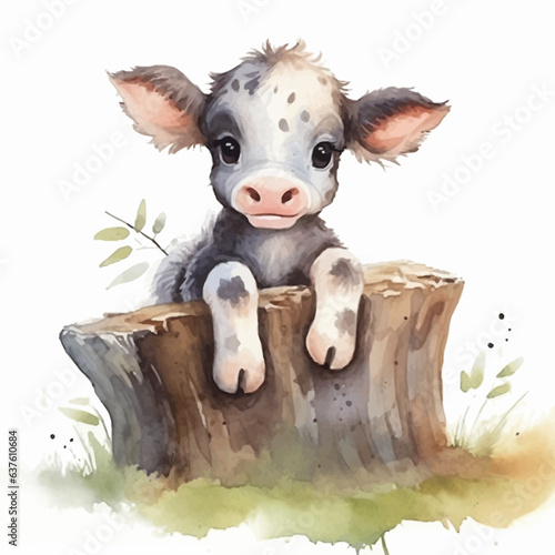 Cute little cow cartoon on stump tree with watercolor painting style