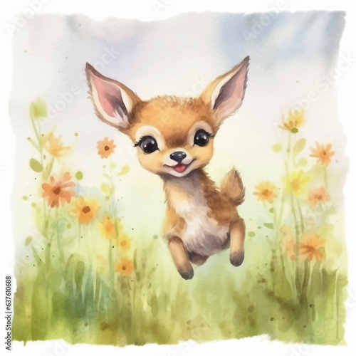 Cute little deer cartoon in watercolor painting style © Fauziah