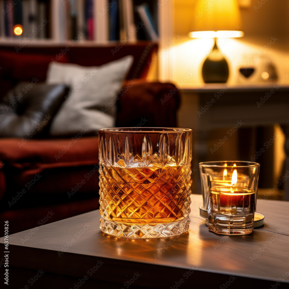 lifestyle photo glass of whisky on table in home den lifestyle photo glass of whisky on table in home den