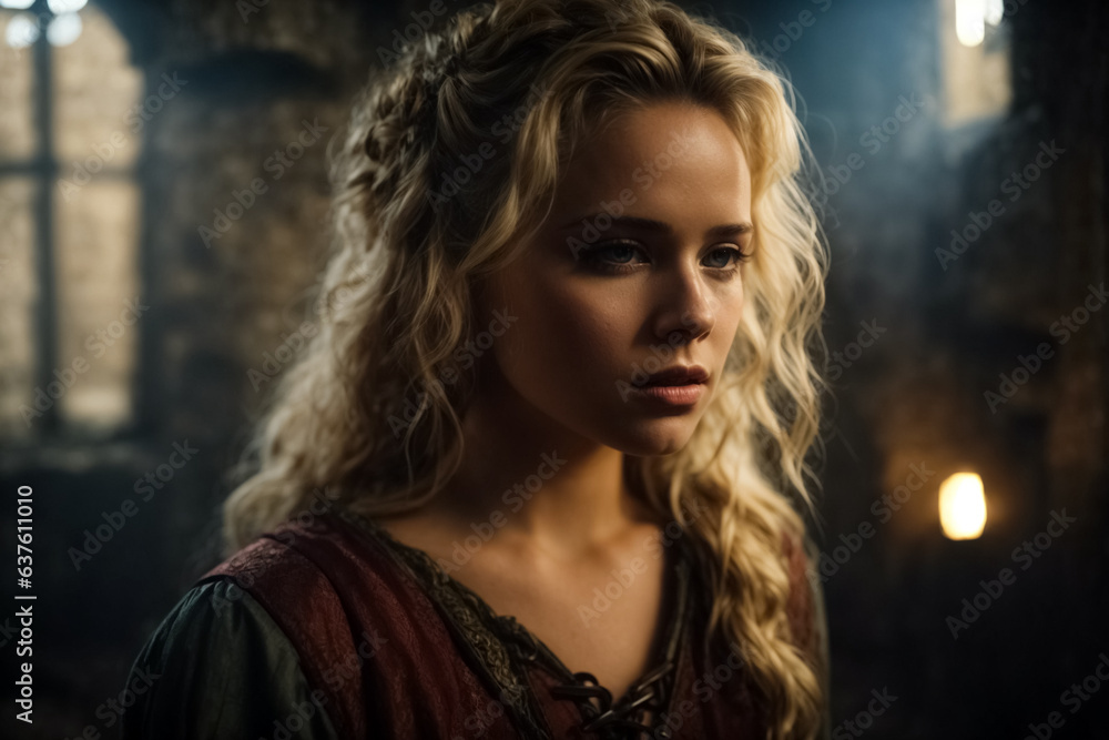 Fototapeta premium Young blond woman in a medieval vault. She looks sad.