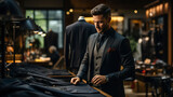 A skilled men's suit tailor meticulously fine-tunes a new ensemble, transforming it into a perfectly tailored masterpiece. In the world of menswear, a tailor refines the precise fit of a suit.