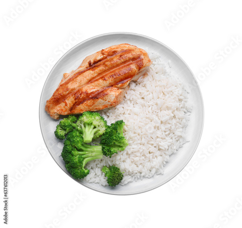 Plate with grilled chicken breast, rice and broccoli isolated on white, top view