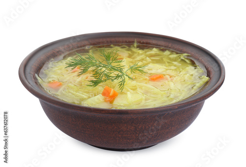 Bowl of delicious sauerkraut soup with carrot and dill isolated on white