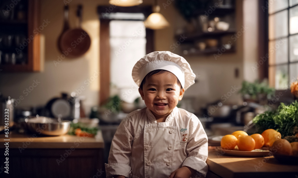 Asian toddler standing in the kitchen as a chef Asian toddler standing in the kitchen as a chef