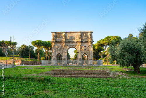 Arch of Constantine in Rome. Text translation "Senate dedicated this Arch to Constantine"