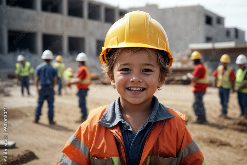 Happy toddler with helmet as foreman on construction site Happy toddler with helmet as foreman on construction site