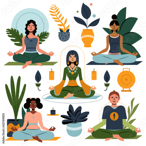 Meditation. Diverse people in yoga class meditating. Happy group of men and women practicing mindfulness in nature and plants. Trendy flat vector illustration set (ID: 637614003)