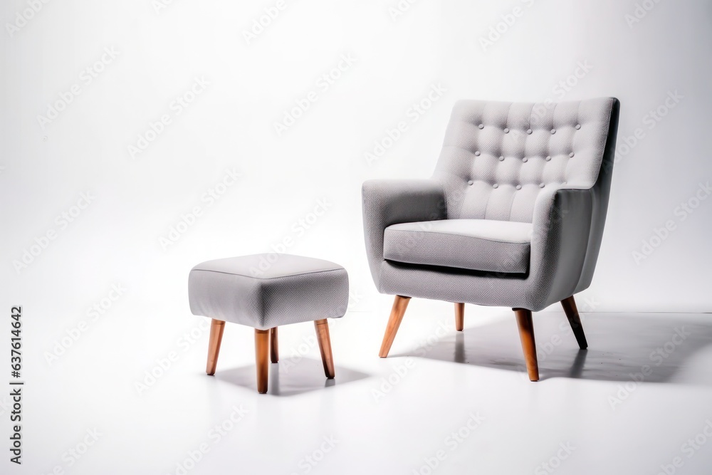 A grey armchair and ottoman on a white background, created by Generative AI A grey armchair and ottoman on a white background, created by Generative AI
