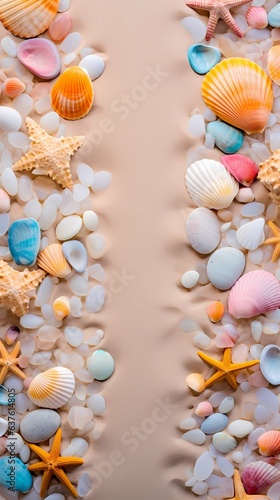 AI generated, vertical background patterns of sea shells, beach stones, coral reefs, colorful seaweed on the beach sand as a background, top view with space for text.