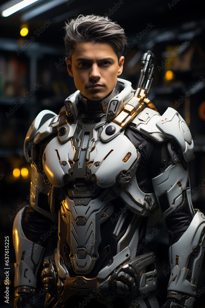 Portrait of a handsome man in futuristic combat suit