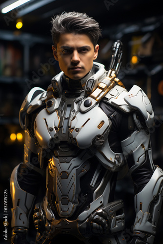 Portrait of a handsome man in futuristic combat suit