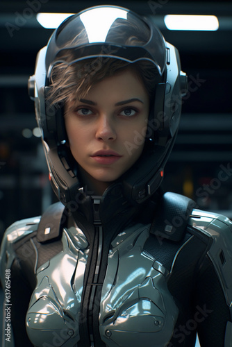 Portrait of a beautiful woman wearing futuristic combat suit © ardanz