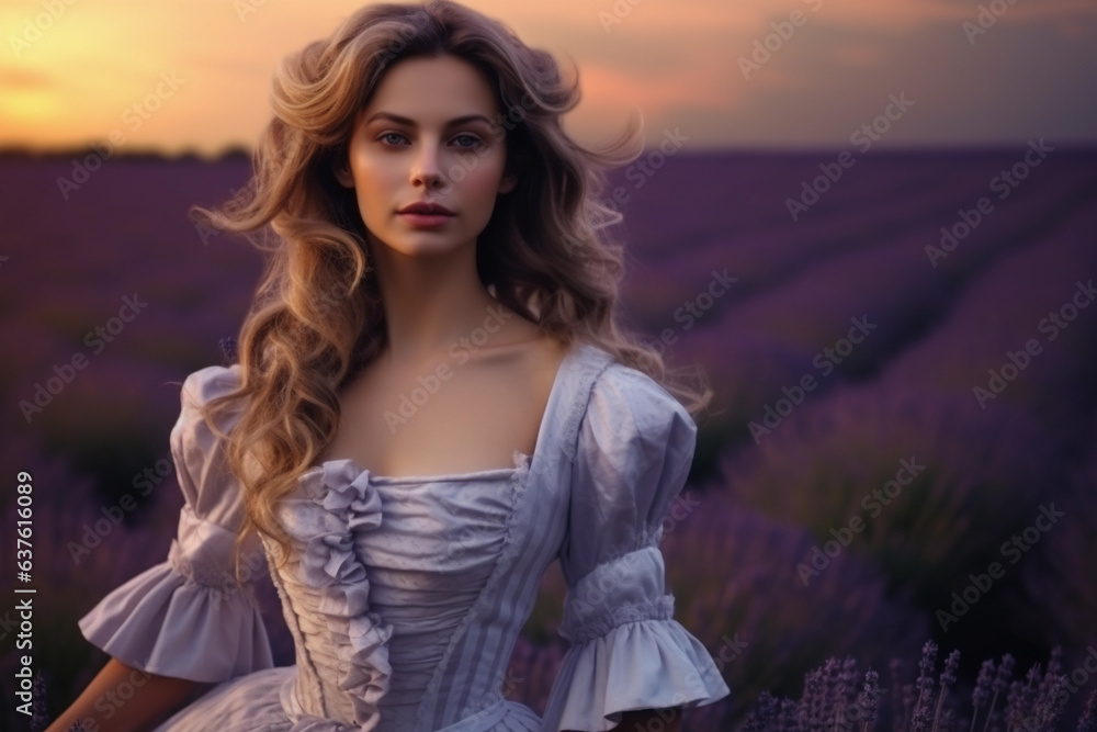 Beautiful young woman in lavender field at sunset