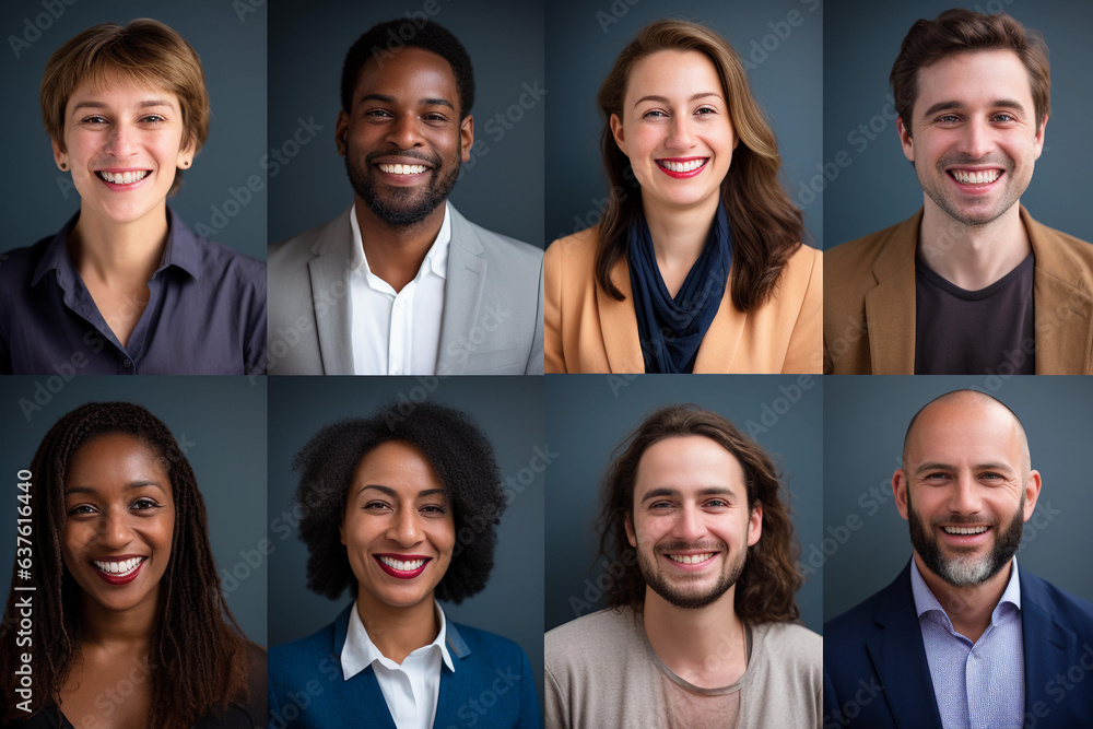 Portraits of happy diverse businesspeople smiling with dark background Portraits of happy diverse businesspeople smiling with dark background