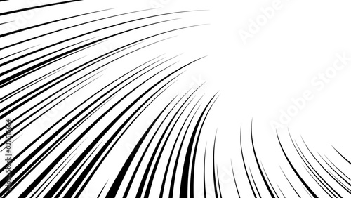 右上にフォーカスするうねりのある黒色の集中線　漫画の効果線の背景素材　横長