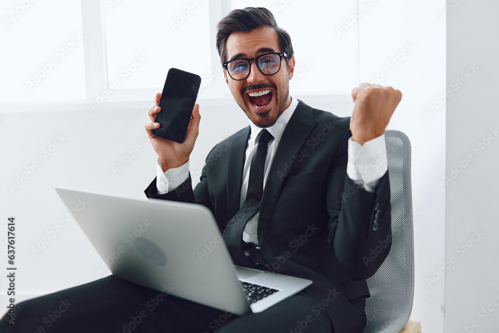 Businessman man talk office laptop phone Businessman man talk office laptop phone