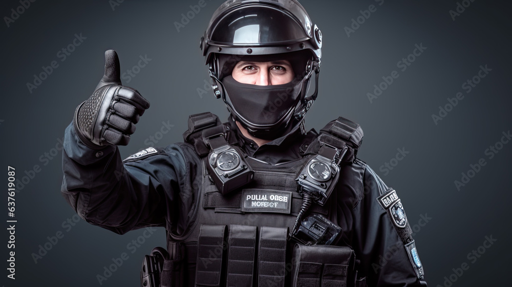 SWAT caucasian man isolated on black background making thumbs up gesture.