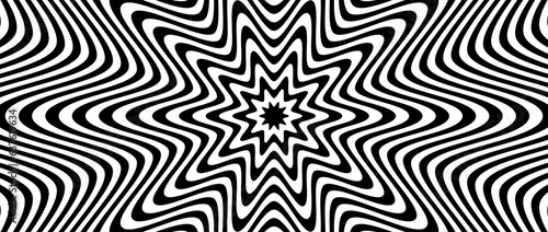 Radial optical illusion background. Black and white abstract wave lines surface. Poster design. Concentric repeating star or flower illusion wallpaper. Vector op art illustration