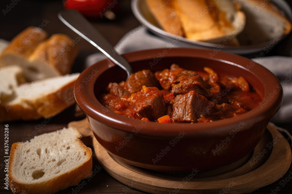 A rustic ceramic bowl holds a spoonful of tender beef and paprika goulash, accompanied by a slice of fresh bread in this close-up photo A rustic ceramic bowl holds a spoonful of tender beef and paprika goulash, accompanied by a slice of fresh bread in this close-up photo