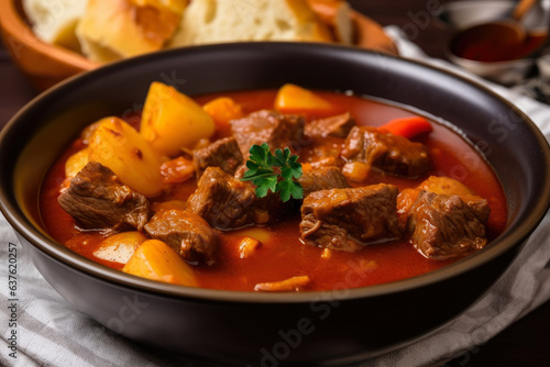 A steaming hot bowl of Hungarian goulash, featuring tender beef chunks and soft potato cubes, captured in a close-up shot