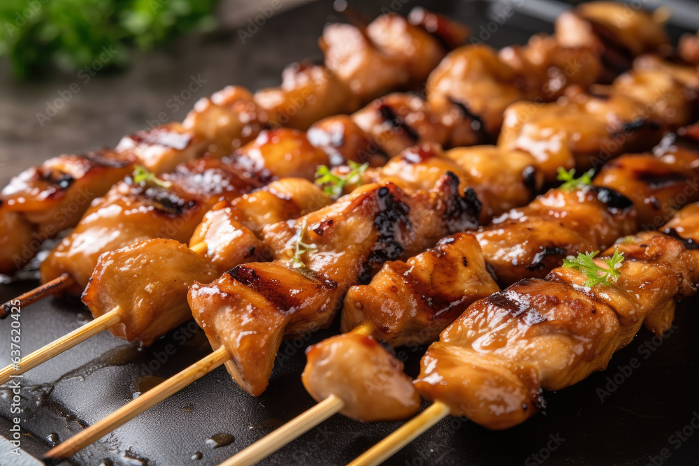 The grilled chicken teriyaki skewers, with char marks and a light glaze, are arranged in a row and ready to be served in this close-up shot