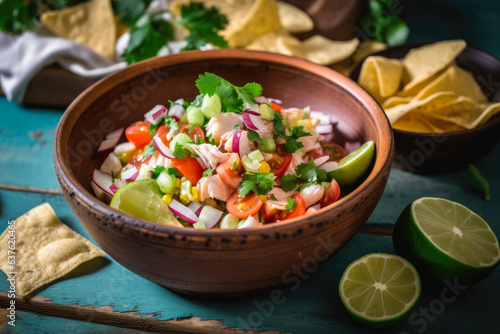 A vibrant ceviche salad, served in a ceramic bowl, accompanied by lime wedges and tortilla chips on the side, adds a burst of color to the table
