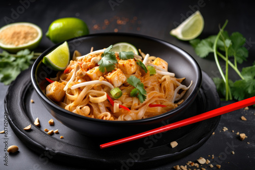 A colorful bowl filled with delicious Pad Thai noodles, accompanied by chopsticks and lime wedges on the side, creates a tempting and appetizing sight