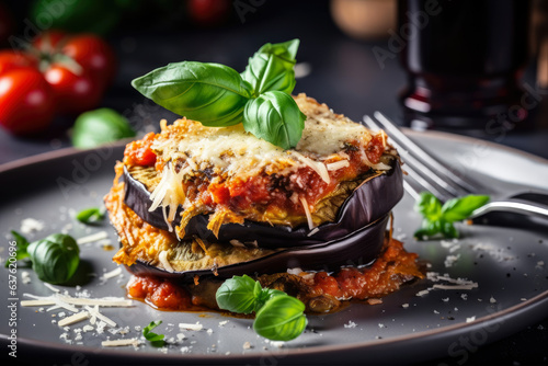 Delicious  Italian Eggplant Parmesan with fresh basil and grated Parmesan cheese  a flavorful and comforting vegetarian meal