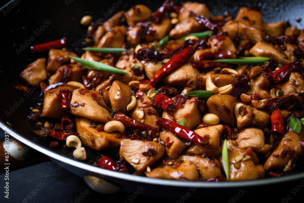 Kung Pao Chicken in a Wok: Sichuan Peppercorns, Garlic, and Authentic Chinese Cuisine create a flavorful and spicy stir-fry dish with delicious meat and vegetables Kung Pao Chicken in a Wok: Sichuan Peppercorns, Garlic, and Authentic Chinese Cuisine create a flavorful and spicy stir-fry dish with delicious meat and vegetables
