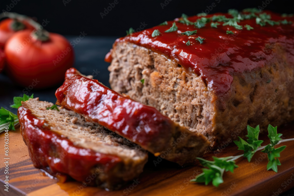 The meatloaf slice is juicy and tender, topped with a tomato glaze and herb garnish, making it a mouthwatering delight The meatloaf slice is juicy and tender, topped with a tomato glaze and herb garnish, making it a mouthwatering delight