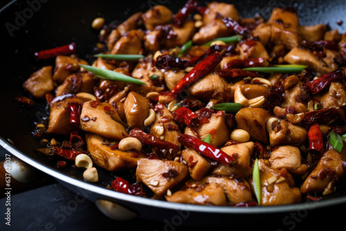 Kung Pao Chicken in a Wok: Sichuan Peppercorns, Garlic, and Authentic Chinese Cuisine create a flavorful and spicy stir-fry dish with delicious meat and vegetables