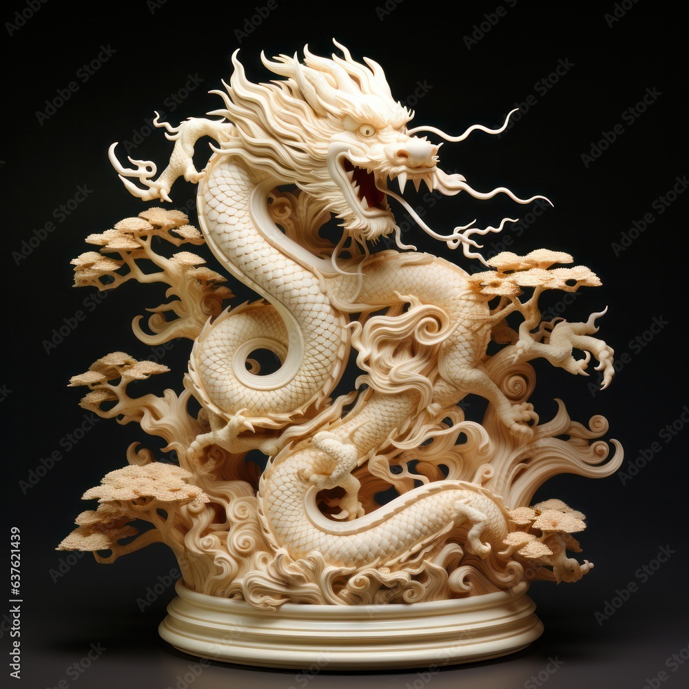 Intricate ivory carving of a Chinese zodiac dragon curled up on a pine tree. 