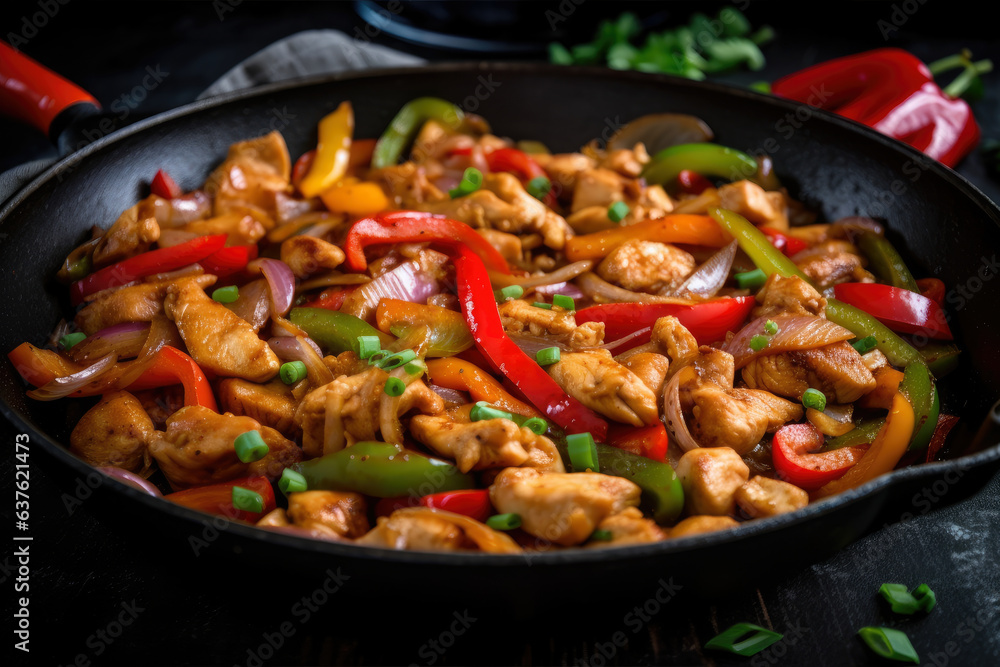 Delicious Szechuan chicken stir fry, packed with flavor from red and green bell peppers, onions, and garlic, served on a black cast iron skillet Delicious Szechuan chicken stir fry, packed with flavor from red and green bell peppers, onions, and garlic, served on a black cast iron skillet
