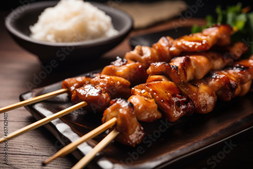 The photo captures a mouth-watering close-up of yakitori skewers, featuring tender chicken chunks and a tangy teriyaki glaze, served alongside steaming hot rice