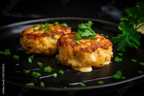 The photo captures a beautifully artistic macro shot of crab cakes drizzled with melted butter and sprinkled with parsley, complemented by chopped green onions on a sleek black plate © aicandy
