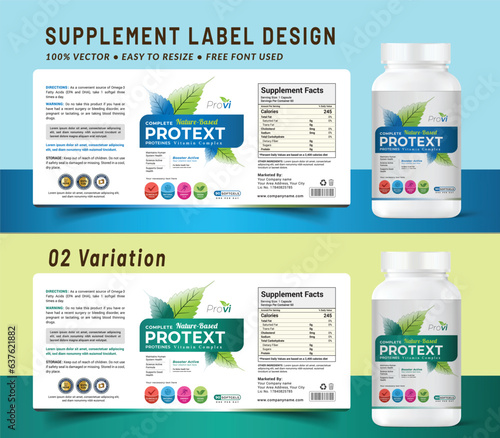 Multi vitamin label sticker design and natural food supplement sticker banner packaging, pill bottle jar label can all medical health nutrition tablet product print ready vector modern file mockup