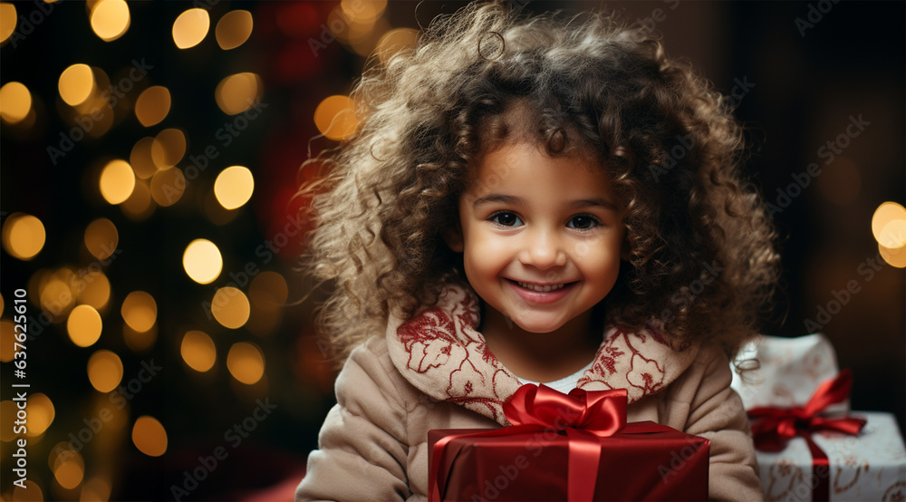 happy girl sitting under Christmas tree opening Christmas gifts.Christmas and love Christmas atmosphere