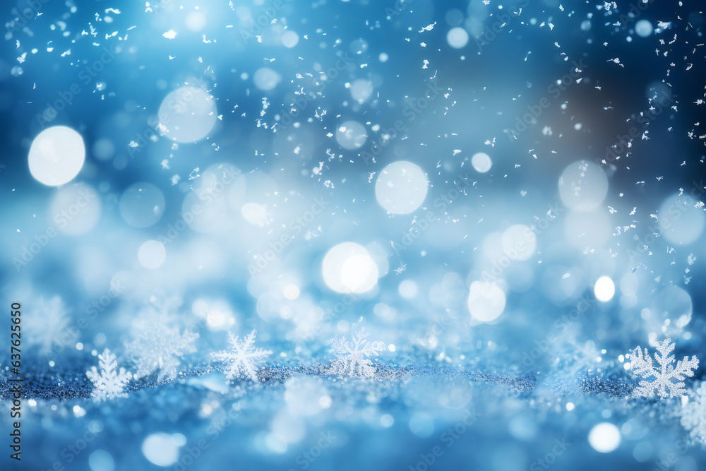 abstract bokeh background with glistening snowflakes creates a serene winter atmosphere.