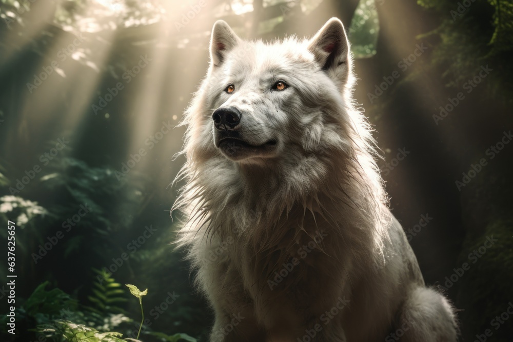Mystical Forest Enigma: The Stately White Wolf Adorned by Whimsical Spirit Orbs, Embraced by the Mystique of the Forest, Sun Beams Illuminating Between Lush Trees, Depicted with Remarkable Realism
