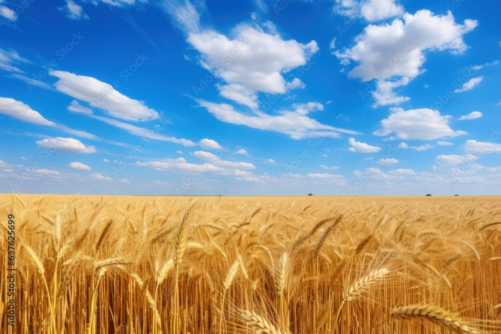 Azure Canvas of Wheat Wonders: A Breathtaking Vision of Endless Wheat Field Unfolding Under the Canopy of a Perfectly Clear Blue Sky Embellished with Dreamy White Clouds