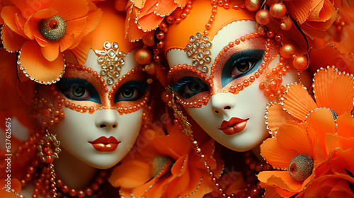 Image of a couple of mannequins in a luxurious gondola in beautiful bright carnival costumes with golden masks. 