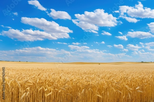 Celestial Bliss Amidst Golden Sea: Enthralling Wheat Field Stretching Beneath the Expanse of a Majestic Blue Sky Dappled with the Elegance of White Clouds