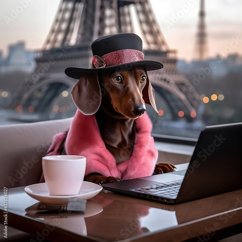 Dachshund with brown face, on a vacation trip in paris city, generated AI