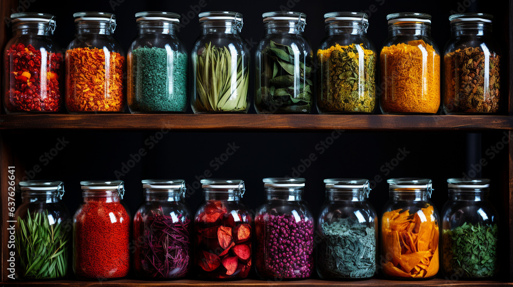Vintage mason jars filled with colorful spices lining open shelves   - obrazy, fototapety, plakaty 