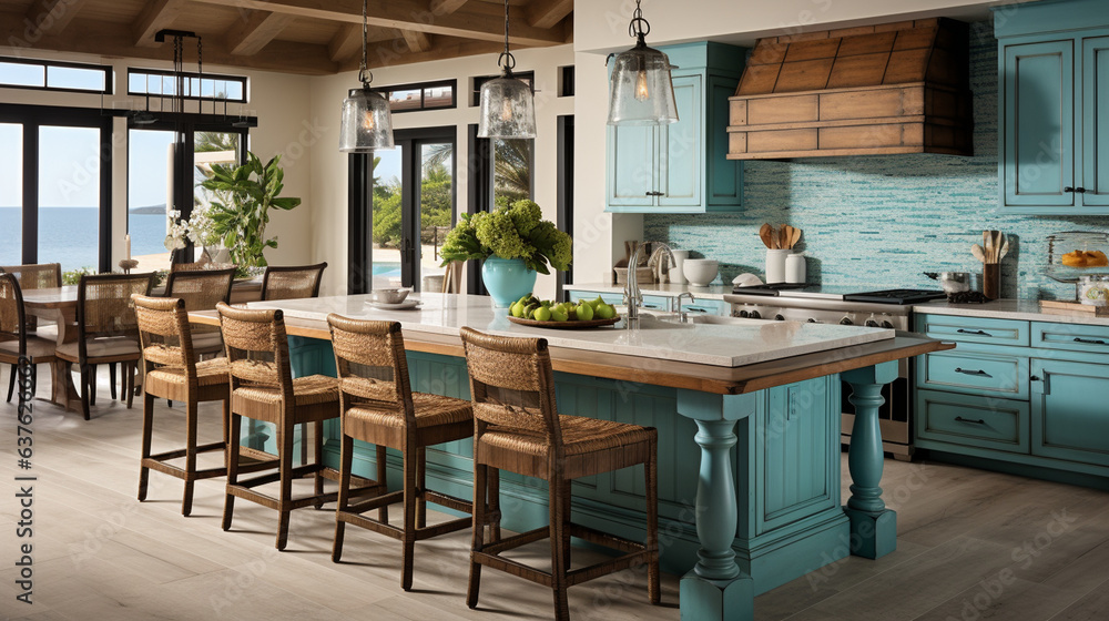 A coastal kitchen featuring turquoise accents and sea-inspired décor  